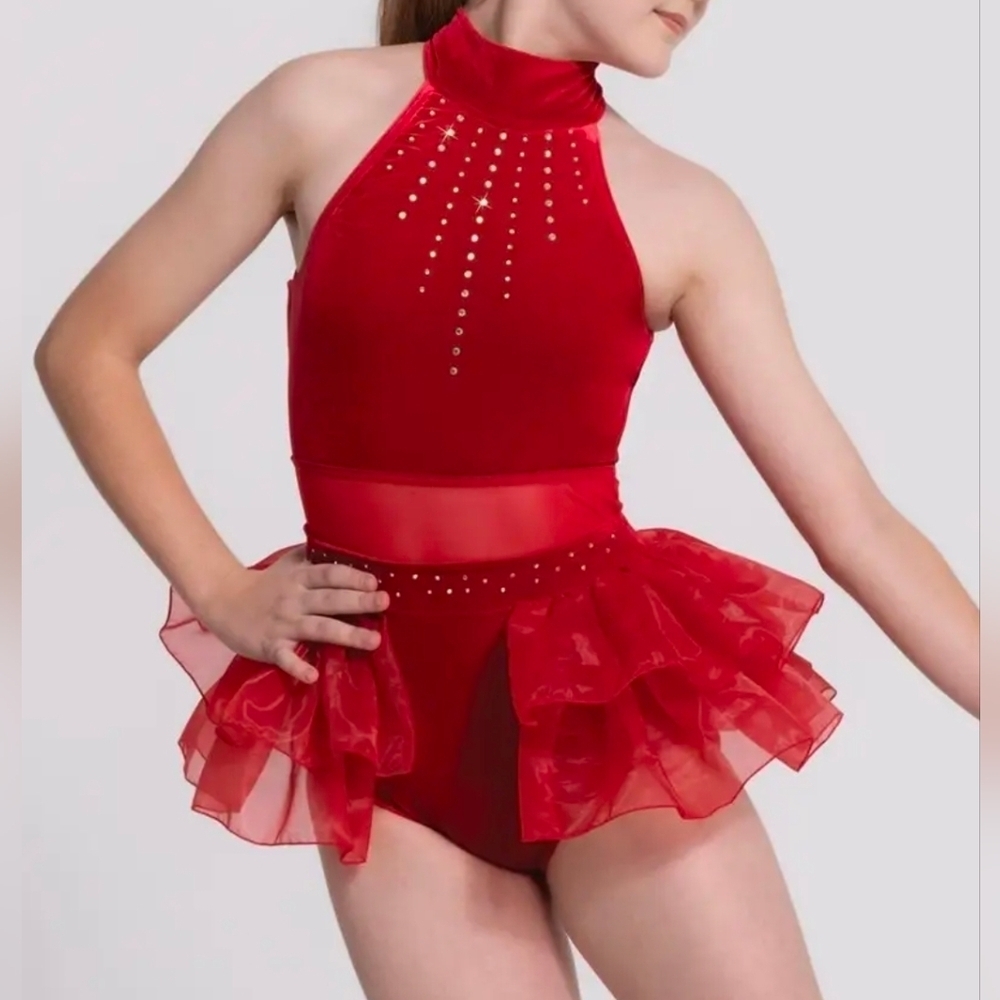 543. Weissman Red Crystal Velvet Bustle Dance Costume - Size MC